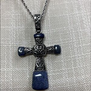 Cross necklace with lapis lazul accents. Stainless steel pendant